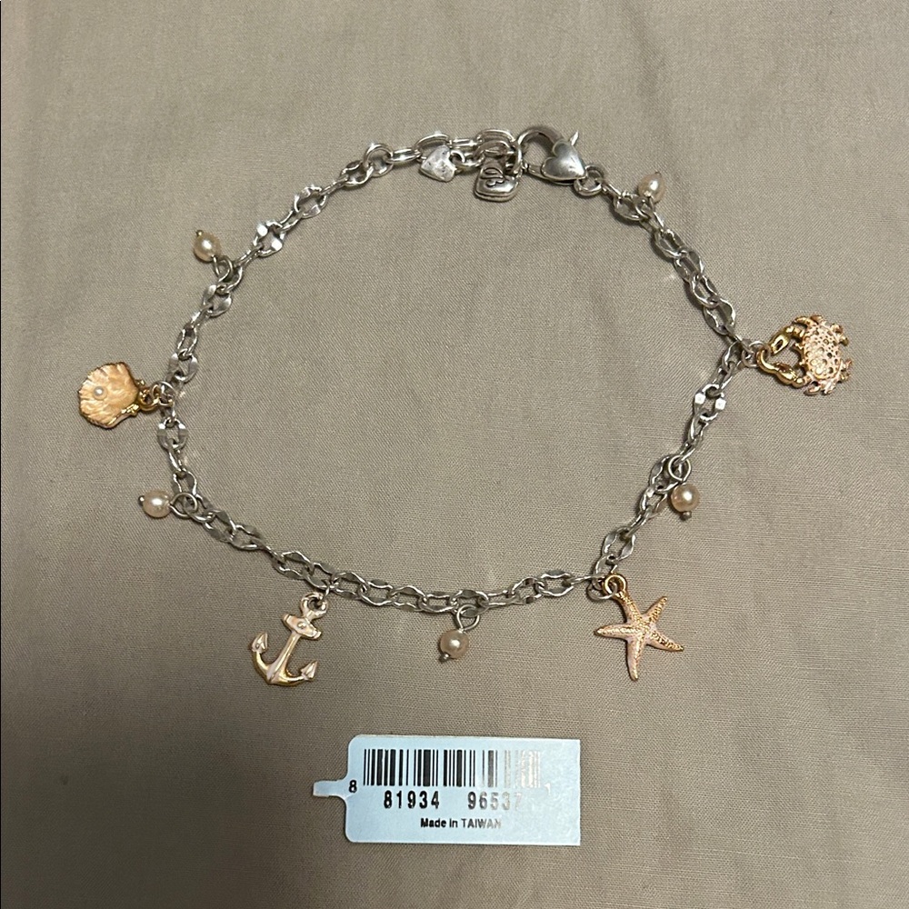 Brighton Cape Cod Silver Anklet with Gold Beach Accent Charms and Pearls